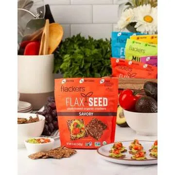 Flackers Organic Savory Flaxseed Crackers, Gluten Free, Non GMO, Vegan, Keto Snack, 8g Fiber, 3g Net Carbs, 5 Ounce 4-Pack