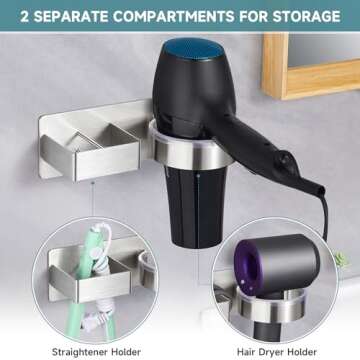 Hair Dryer Holder, Hair Tool Organizer, Stainless Steel Blow Dryer Holder Wall Mounted, Adhesive Hai...