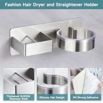 Hair Dryer Holder, Hair Tool Organizer, Stainless Steel Blow Dryer Holder Wall Mounted, Adhesive Hair Straightener Holder, Bathroom Bedroom Hair Care Styling for Flat Iron,Curling Iron,Hairdryer
