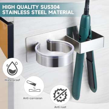 Hair Dryer Holder, Hair Tool Organizer, Stainless Steel Blow Dryer Holder Wall Mounted, Adhesive Hair Straightener Holder, Bathroom Bedroom Hair Care Styling for Flat Iron,Curling Iron,Hairdryer