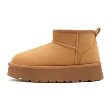 Carcuume Women's Platform Mini Boots Fur-Lined Winter Warm Ankle Snow Classic Ultra Comfortable Shoes,BESS-Chestnut-7B