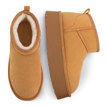 Carcuume Women's Platform Mini Boots Fur-Lined Winter Warm Ankle Snow Classic Ultra Comfortable Shoes,BESS-Chestnut-7B