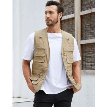 Gihuo Men's Fishing Vest Utility Safari Travel Vest with Pockets Outdoor Work Photo Cargo Fly Summer...