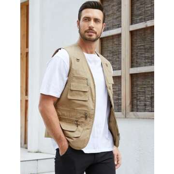 Gihuo Men's Fishing Vest Utility Safari Travel Vest with Pockets Outdoor Work Photo Cargo Fly Summer Vest (X-Large, Khaki)