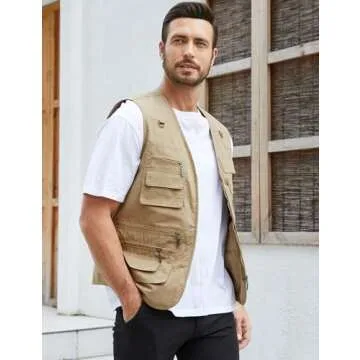 Gihuo Men's Fishing Vest Utility Safari Travel Vest with Pockets Outdoor Work Photo Cargo Fly Summer Vest (X-Large, Khaki)