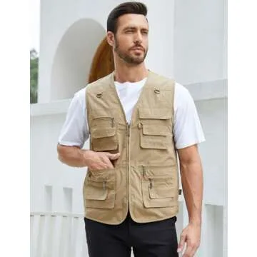 Gihuo Men's Fishing Vest Utility Safari Travel Vest with Pockets Outdoor Work Photo Cargo Fly Summer Vest (X-Large, Khaki)