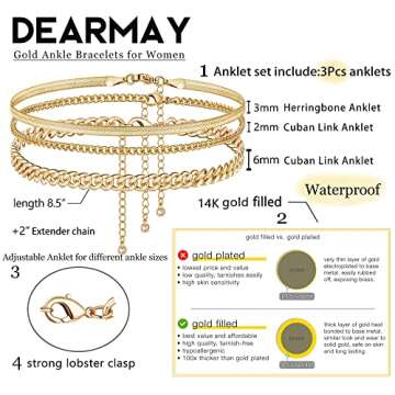 DEARMAY Gold Anklets for Women Waterproof Ankle Bracelets for Women 14K Gold Plated Cuban Link Ankle...