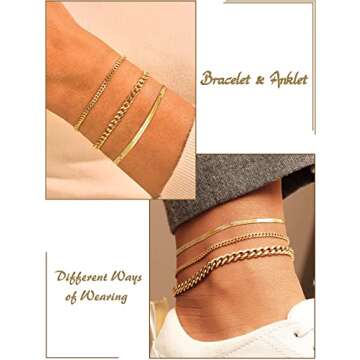 DEARMAY Gold Anklets for Women Waterproof Ankle Bracelets for Women 14K Gold Plated Cuban Link Anklet Bracelets for Women Layered Herringbone Cute Anklets Set Jewelry Gift for Women Teen