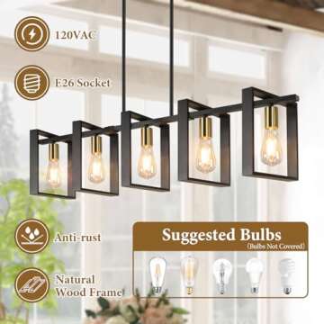 5-Light Black Gold Dining Room Light Fixture, 53’’ Farmhouse Wood Chandelier Kitchen Island Lighting Over Table, Modern Black Rectangular Hanging Pendant Light Fixture for Living Room, E26 Sockets