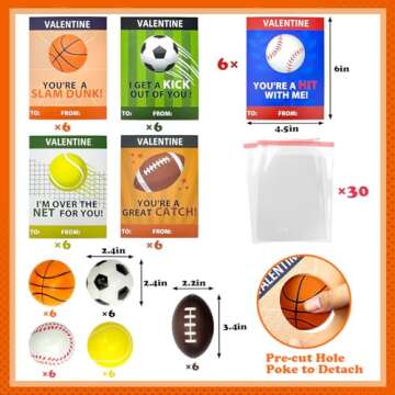 Valentines Day Sports Gifts Cards for Kids School,30 Pack Foam Sport Ball Toys with Classroom Exchan...