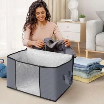 Fab totes 8 Pack Clothes Storage, Foldable Thick Fabric Blanket Storage Bags, Storage Containers for Organizing Bedroom, Closet, Clothing, Comforter, Organization and Storage with Handle,Grey