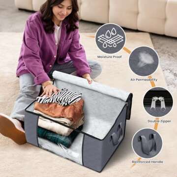 Fab totes 8 Pack Clothes Storage, Foldable Thick Fabric Blanket Storage Bags, Storage Containers for Organizing Bedroom, Closet, Clothing, Comforter, Organization and Storage with Handle,Grey