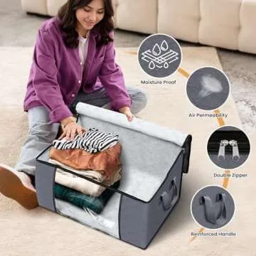 Fab totes 8 Pack Clothes Storage, Foldable Thick Fabric Blanket Storage Bags, Storage Containers for Organizing Bedroom, Closet, Clothing, Comforter, Organization and Storage with Handle,Grey