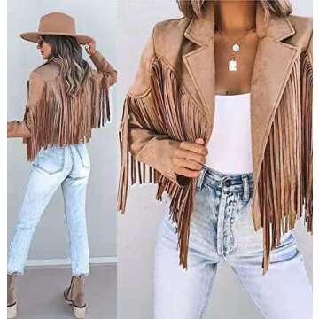 chouyatou Women's Fashion Notched Collar Open-Front Fringed Performance Moto Faux Suede Leather Crop...