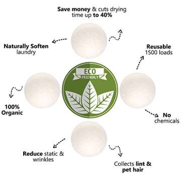 Wool Dryer Balls Organic 4 Pack XL,100 Percent New Zealand Wool Natural Fabric Softener,Chemical,Reusable 1000 Loads,Shorten Drying Time & Reduces Wrinkles,Baby Safe & Hypoallergenic