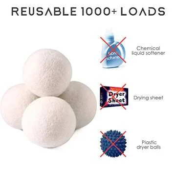 Wool Dryer Balls Organic 4 Pack XL,100 Percent New Zealand Wool Natural Fabric Softener,Chemical,Reusable 1000 Loads,Shorten Drying Time & Reduces Wrinkles,Baby Safe & Hypoallergenic