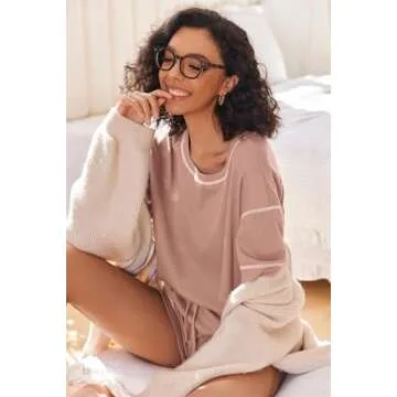 Ekouaer Pajamas for Women Set Waffle Knit Pajama Set 2 Piece Lounge Sets Loungewear PJS With Pockets