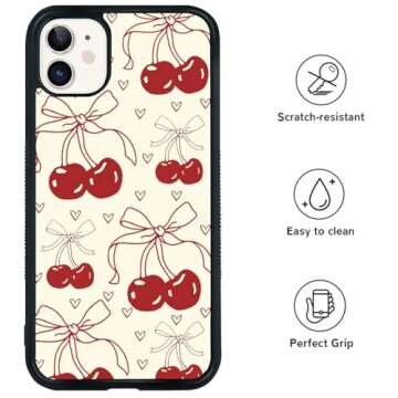 Yicejuan Red Ribbon Bow Phone Case for iPhone XR,Red Cherries Heart Print TPU Silicone Protective Case for Women Girls (for iPhone XR)