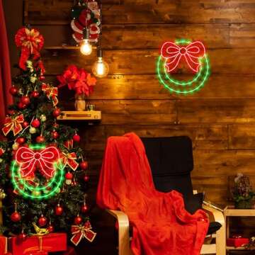 CESOF Christmas Window Lights Decorations, 2 Packs 14" Lighted Christmas with Bow, Remote Control Timer USB Powered Silhouette Lights for Indoor Door Wall Home Xmas Party Decor