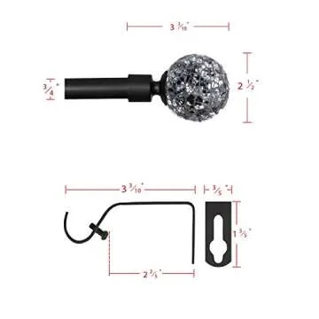 H.VERSAILTEX Window Curtain Rods for Windows 66 to 120 Inches Adjustable Decorative 3/4 Inch Diameter Standard Single Window Curtain Rod Set with Sparkling Mosaic Finials, Black