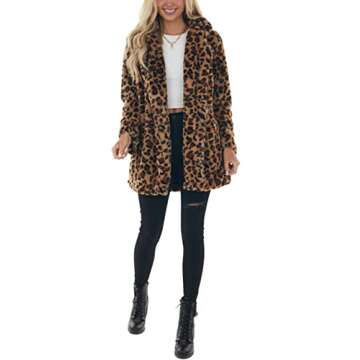 Omoone Women's Faux Fur Jackets Autumn Winter Leopard Coats Loose Fur Coat with Pockets(3361-Brown-S...