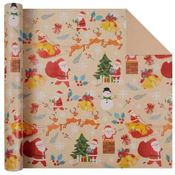 Aimyoo Santa Reindeer Snowman Kraft Christmas Wrapping Paper Roll, Xmas Gift Wrap Paper 17 inch x 32...