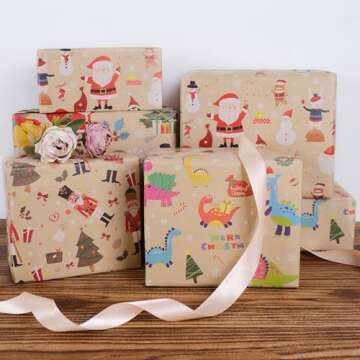 Aimyoo Santa Reindeer Snowman Kraft Christmas Wrapping Paper
