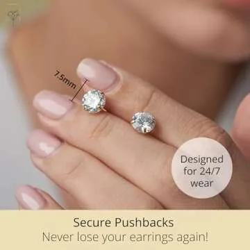 MAX + STONE 14k Yellow Gold Earrings for Women & Men with Genuine Round Crystal | Cubic Zirconia Earrings Studs with Gold Earring Backs | 3 Carats total |