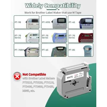 Anycolor M-K231 Label Tape Replace for Brother M Tape P Touch 12mm 0.47 White M-K231s M231 MK231 M-231 for Brother Ptouch PT-M95 PT-70BM PT-90 PT-85 PT65 45 Label Maker Refills, 4 Pack