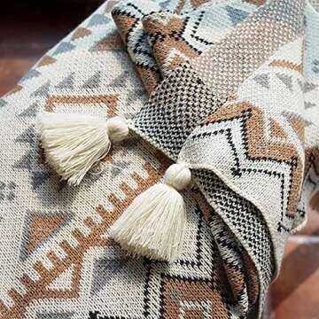 DCHK Boho Throw Blanket for Couch, Tassel Vintage Knitted Throw Blankets, Super Soft Cozy Lightweight Bohemian Throw Blanket Couch Decorative for Bed Sofa All Seasons Camping Blanket 50 in X 68 in