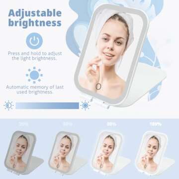 Puiuisoul Makeup Travel Mirror, Rechargeable Light up Mirror with 2000mAh Batteries, 3 Color Lighting Modes USB Portable Desktop Mirror with Dimmable Touch Screen & 50 LED Lights