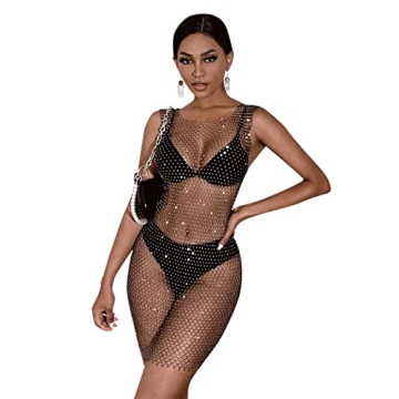 Women Sexy Rhinestone See Through Mesh Dress Bikini Swimsuit Cover Up Rave Festival Club Midi Dress ...