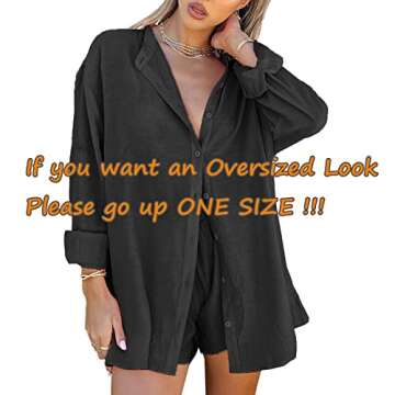 Women 2 Piece Outfits Shorts Set Long Sleeve Button Blouses Shirt Top High Elastic Waisted Shorts Summer Beachwear (Black, XL)