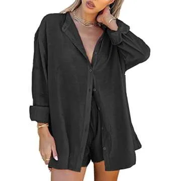 Women 2 Piece Outfits Shorts Set Long Sleeve Button Blouses Shirt Top High Elastic Waisted Shorts Summer Beachwear (Black, XL)