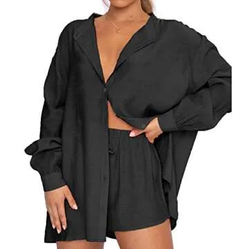 Women 2 Piece Outfits Shorts Set Long Sleeve Button Blouses Shirt Top High Elastic Waisted Shorts Summer Beachwear (Black, XL)