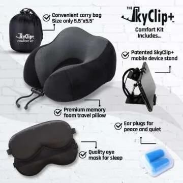 The SkyClip+ Travel Neck Pillow Set – Airplane Travel Kit with Memory Foam Neck Pillow, Eye Mask, ...