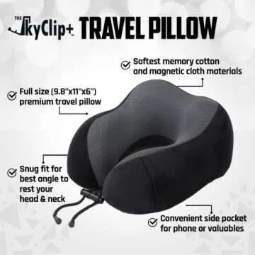 The SkyClip+ Travel Neck Pillow Set – Airplane Travel Kit with Memory Foam Neck Pillow, Eye Mask, Earplugs, Inflight Phone and Tablet Holder Clip - Soft and Breathable Airplane Pillow for Sleeping
