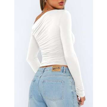 Darong Women's Casual Boat Neck Off Shoulder Long Sleeve Slim Fit Crop Top Going Out Shirts Y2K Tight T Shirts 9026 White Medium