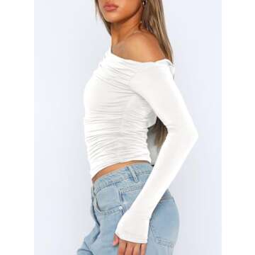 Darong Women's Casual Boat Neck Off Shoulder Long Sleeve Slim Fit Crop Top Going Out Shirts Y2K Tight T Shirts 9026 White Medium