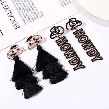 Western Dangle Earrings Rhinestone Cowgirl Boot Hat Dangling Earrings Handmade Layered Tassel Earrings Cowboy Howdy Hat Drop Dangly Earrings Western Country Outfits for Women (howdy tassel earrings)