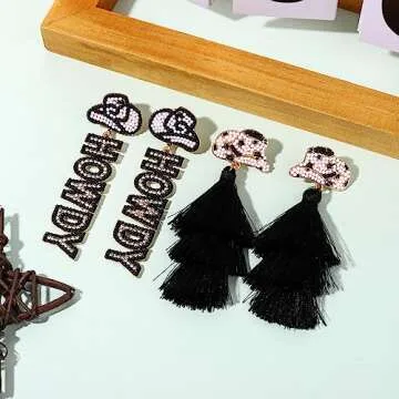 Western Dangle Earrings Rhinestone Cowgirl Boot Hat Dangling Earrings Handmade Layered Tassel Earrings Cowboy Howdy Hat Drop Dangly Earrings Western Country Outfits for Women (howdy tassel earrings)
