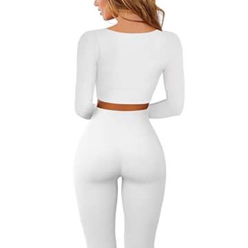 QINSEN Seamless Workout Set Long Sleeve Crop Tops for Women 2 Piece High Waisted Ruched Back Yoga Outfits Active Leggings White S