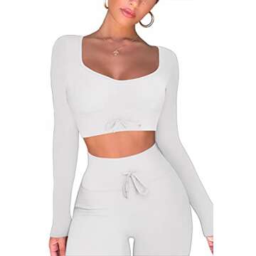 QINSEN Seamless Workout Set Long Sleeve Crop Tops for Women 2 Piece High Waisted Ruched Back Yoga Outfits Active Leggings White S