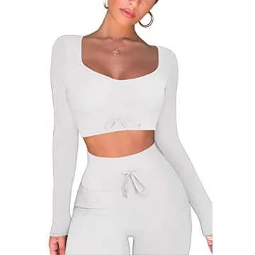 QINSEN Seamless Workout Set Long Sleeve Crop Tops for Women 2 Piece High Waisted Ruched Back Yoga Outfits Active Leggings White S