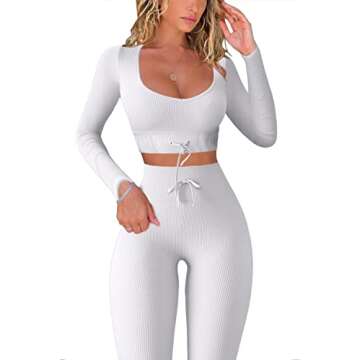 QINSEN Seamless Workout Set Long Sleeve Crop Tops for Women 2 Piece High Waisted Ruched Back Yoga Outfits Active Leggings White S