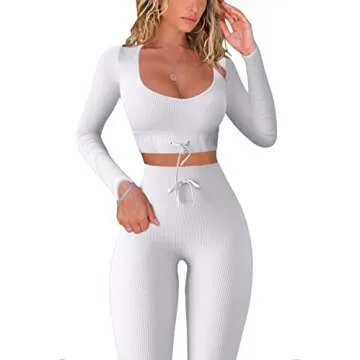 QINSEN Seamless Workout Set Long Sleeve Crop Tops for Women 2 Piece High Waisted Ruched Back Yoga Outfits Active Leggings White S
