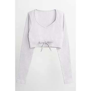 QINSEN Seamless Workout Set Long Sleeve Crop Tops for Women 2 Piece High Waisted Ruched Back Yoga Outfits Active Leggings White S