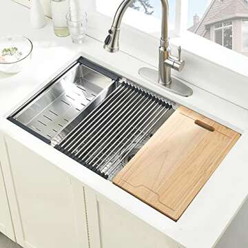 BoomHoze 27 Inch Undermount Kitchen Sink Workstation 16 Gauge Stainless Steel Undermount Sink Single...