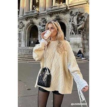 Vamtac Oversized Cable Knit Sweaters Long Sleeve Knitted Casual Pullover Solid Vintage Unisex Crewneck Loose Top Cream Small