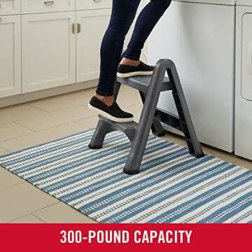Rubbermaid Two-Step Folding Foot Stool, 14-Inch High, Gray, 300-Pound Capacity, Small Step Stool for Adults/Kids for Use in Library/Kitchen/Bathroom/Garage/Closet